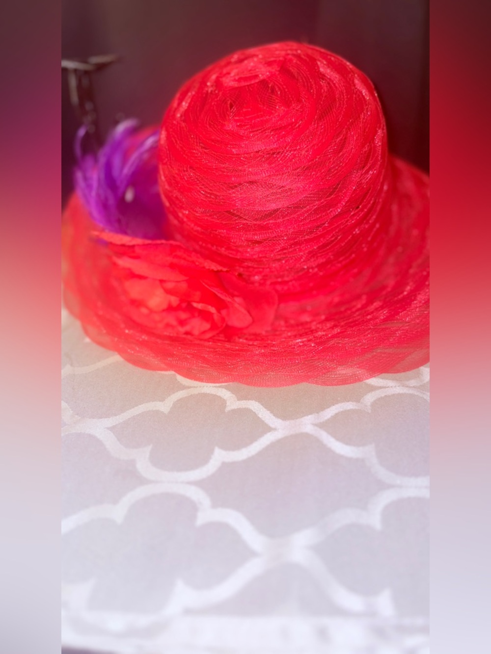 Derby hat by Swan hat elegant Red Wide-Brim Floral Accent Hat w/  Purple Feather